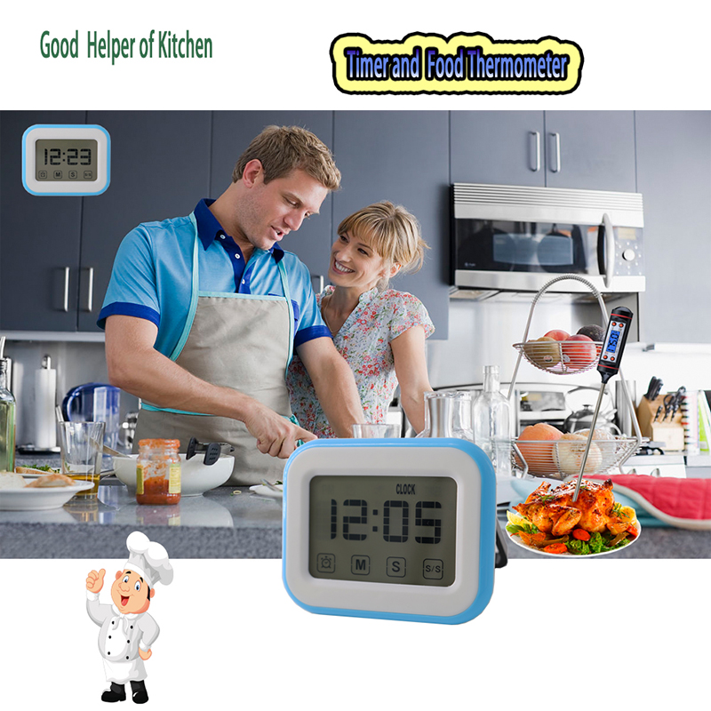 Buton tactil Timer de bucătărie Timer digital pentru gătit 24 ore cu ceas cu alarmă, suport retractabil